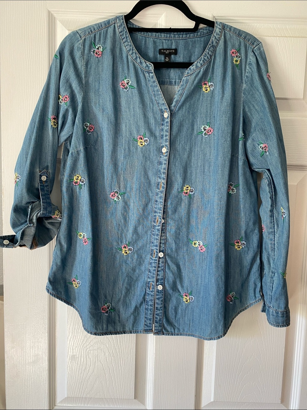 Talbots Light Blue Embroidered Denim Button-Down Shirt
